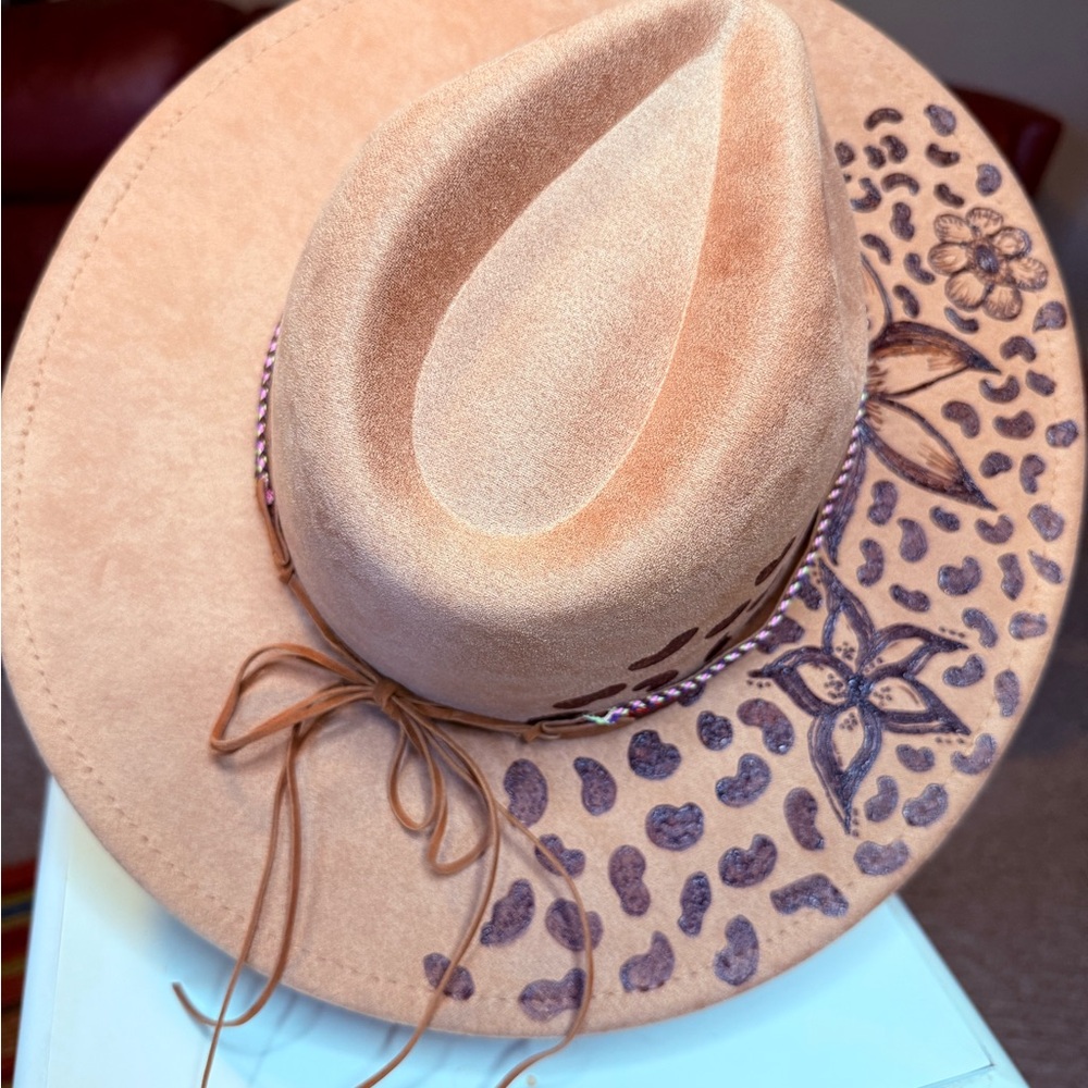 Tan and Brown Wide-Brimmed Hat with Animal Print